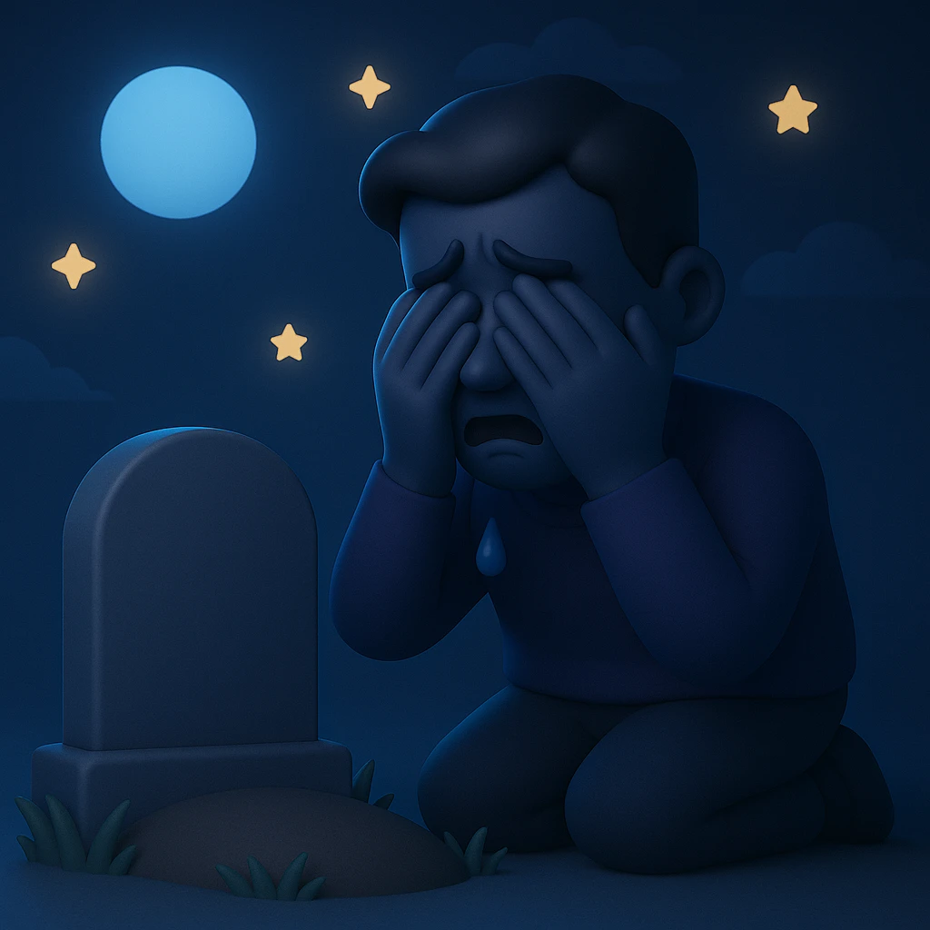 Make the scene night time with a man crying over a grave in the style of microsoft 3D fluent emojis. Focus on the night atmosphere and emotional expression, preserving the 3D emoji style. emoji