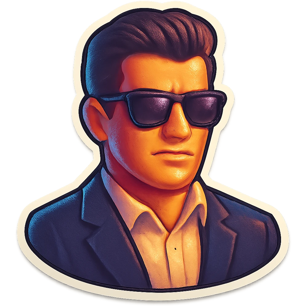 Create an emoji inspired by the Zula game cover art featuring a cool, confident character wearing sunglasses and a dark suit. The style should be bold, vibrant, and recognizable as a game icon. No background, transparent only. emoji