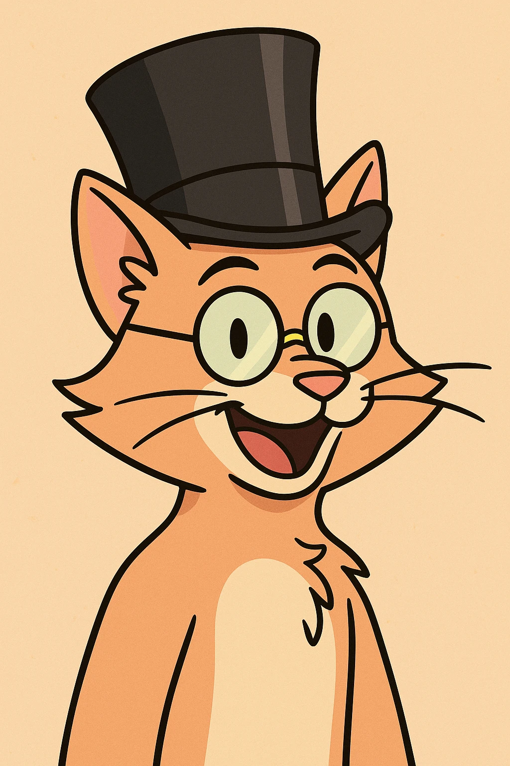 cat with a gibus hat and half moon glasses, playful cartoon style, vibrant and fun emoji