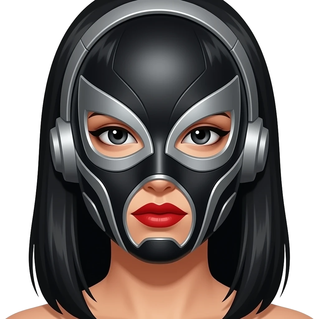 Asi como está solo que tenga cabello largo y lacio de color negro  y labios rojos y la mascara de luchador tipo ciborg negro con plateado, y ojos negros sin fleco y que no se vea el cuello emoji