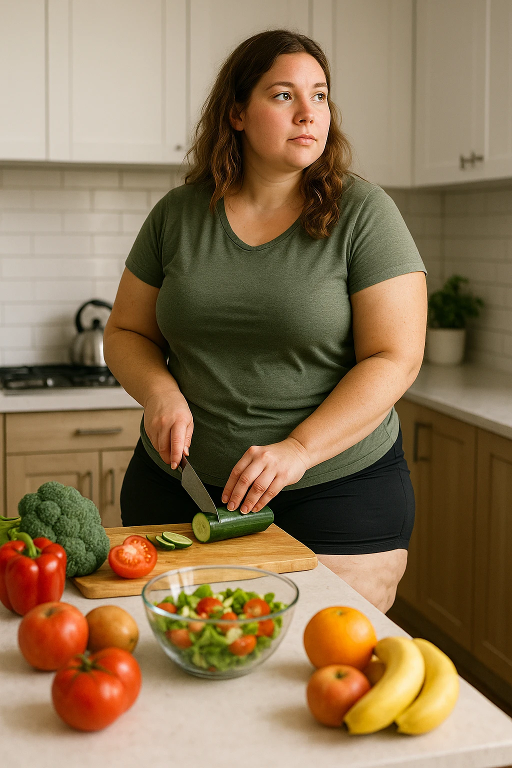 Donna con Lipedema che fa la dieta per migliorare anche a causa della sua PCOS, immagine realistica emoji