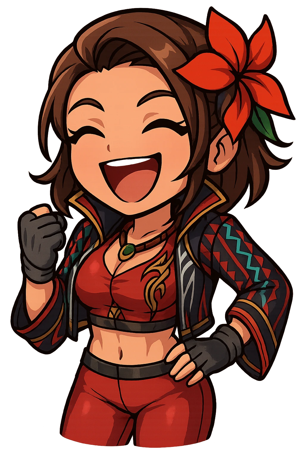 Azucena from Tekken 8 in chibi sticker style, laughing with eyes closed, standard Twitch emote, wearing her detailed red and patterned outfit as shown in the reference images. emoji