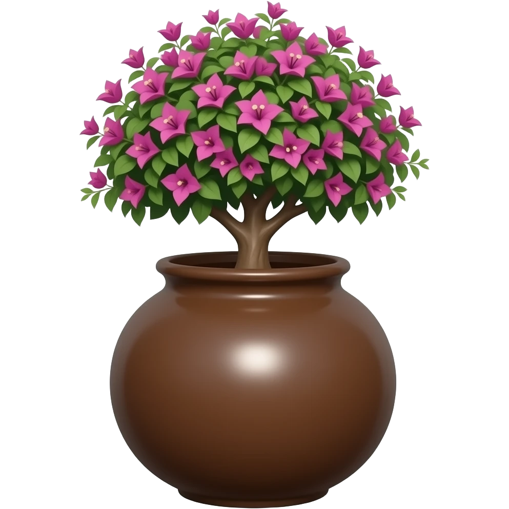 Create an elegant and decorative oval ceramic pot, similar to a bonsai. The pot has a wide mouth and a low height. It is glazed in chocolate color and contains a bougainvillea tree. The background is white. Illustration style: Cartoon – Art Deco – 2D emoji
