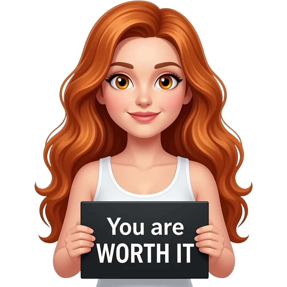 sexy girl with long wavy ginger hair and ginger eyes wearing a white tanktop is holding a black colored sign with You are WORTH IT written on it emoji