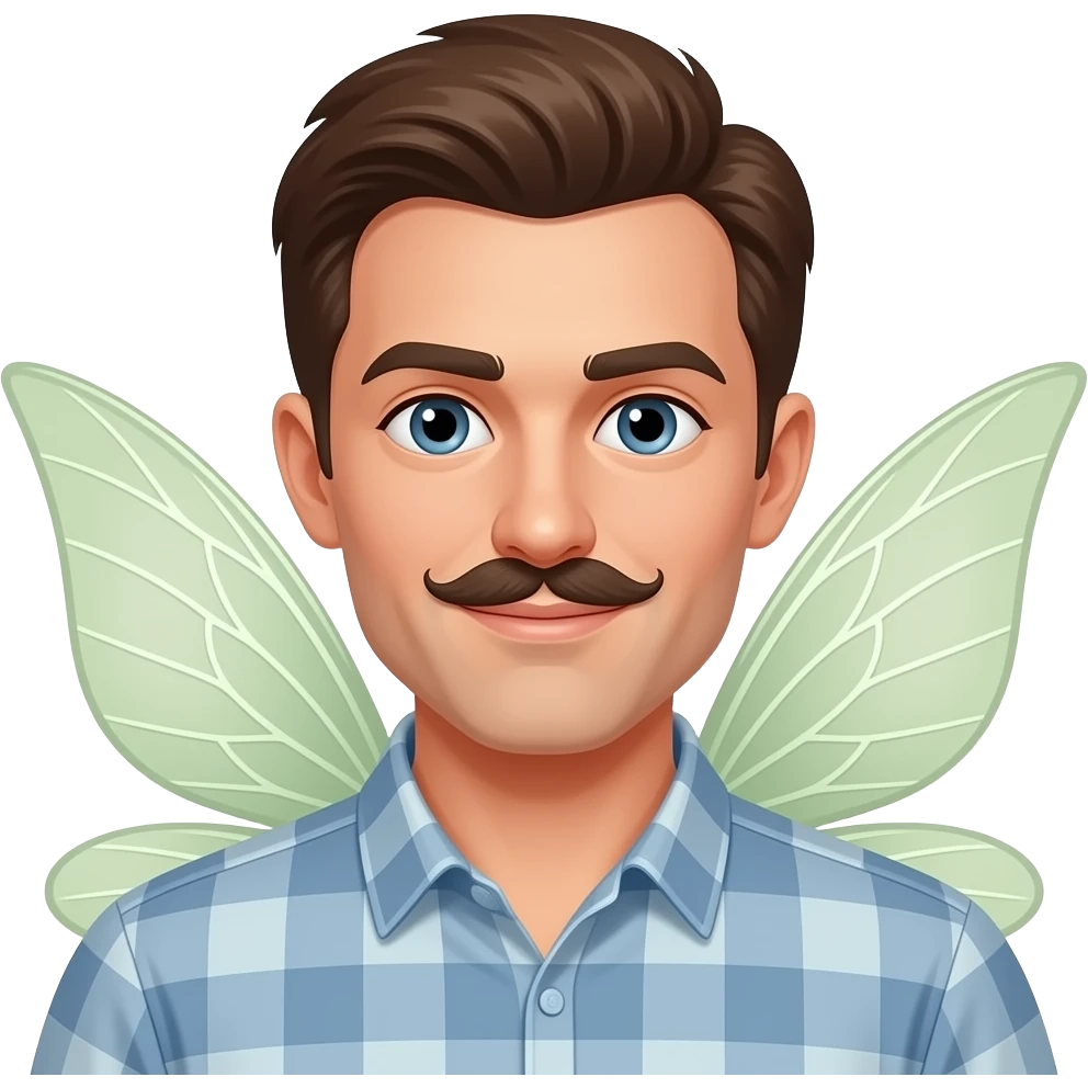 fairy face , man, fairy wings sticking out behind shoulders, and only mustache emoji