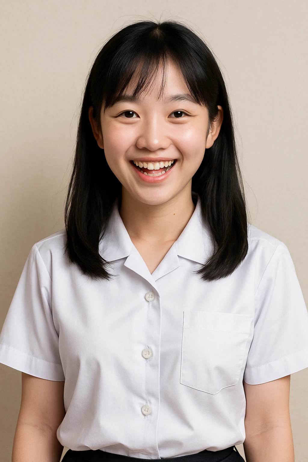 Asian girl, black hair, white skin, in a white school uniform, standing, cheerful expression emoji