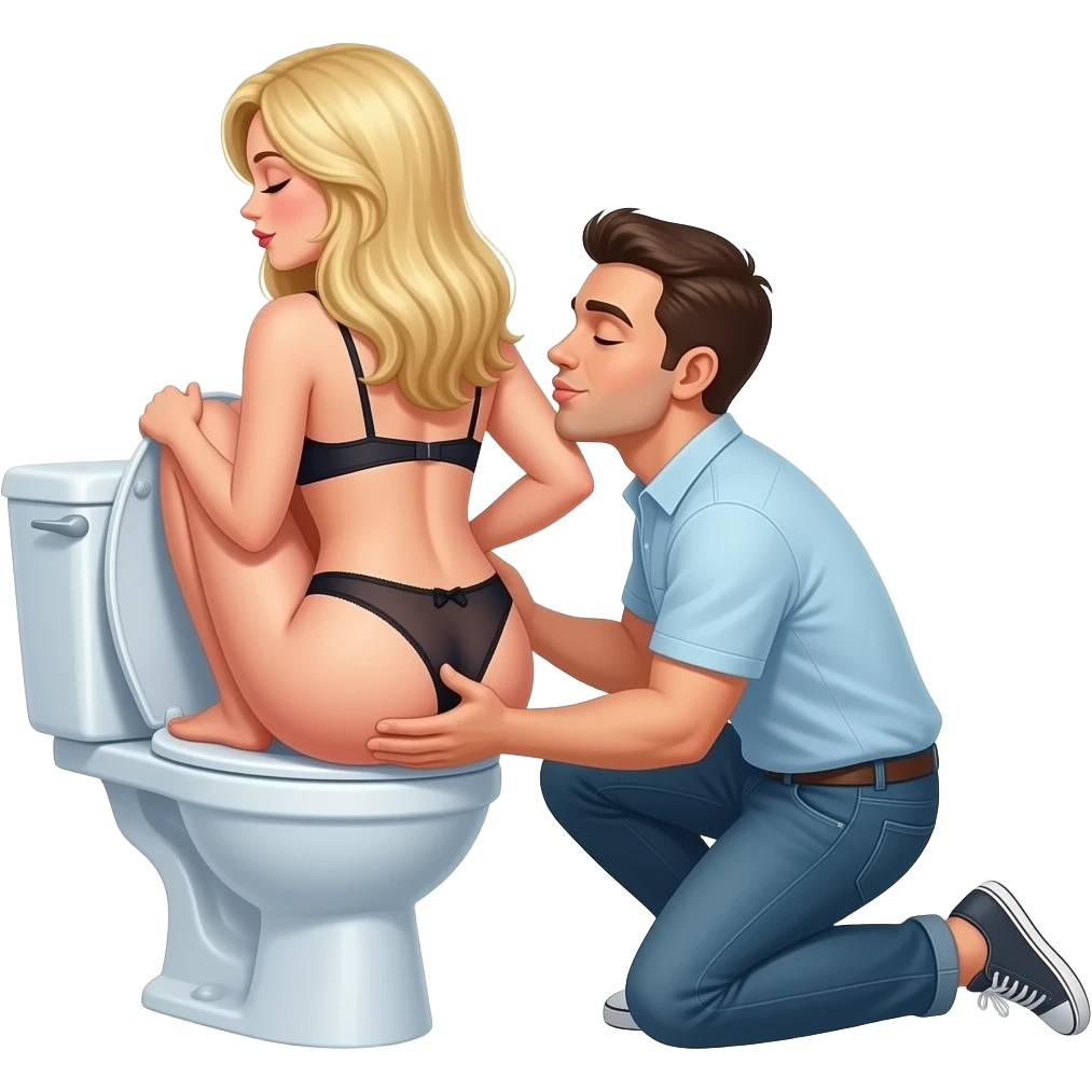 White blonde woman in lingerie sits backwards on open toilet holding her butt open while man knees behind her kissing her butt. Eyes closed smiling emoji