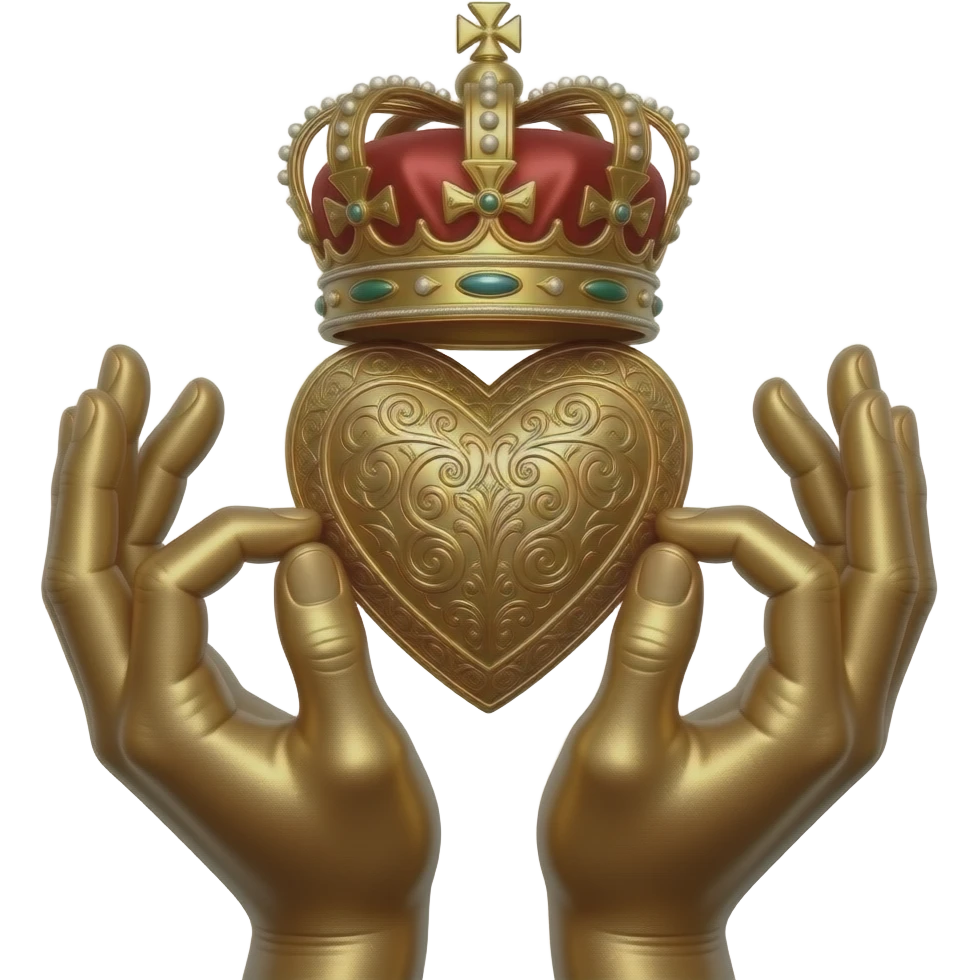 two bronze palms turned upside down, holding with their fingertips a bronze heart richly ornamented with arabesques and a richly decorated royal crown, dramatic lighting - backlight emoji