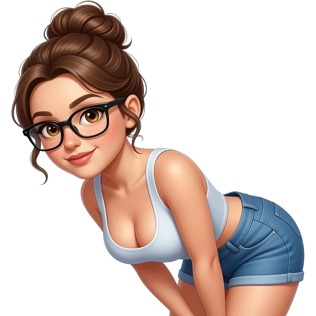 A brown eyed woman with brown messy bun and black frame glasses and freckles on her face with big boobs popping out the top of her tank top and the tank top is a crop top also with Shorty blue jean shorts and a big booty as she bends over and saying "baby daddy i want some lovin'! emoji