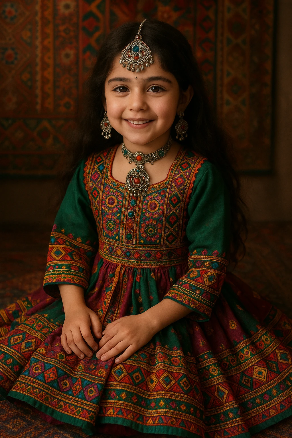 a dark brown haired girl in an Afghan dress, sitting, intricate patterns, colorful, smiling, traditional jewelry emoji