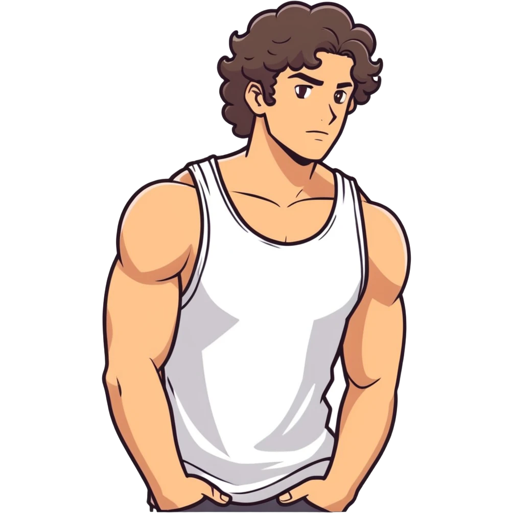 a guy with slight curly hair and brown eyes with big muscles and a white tank top emoji