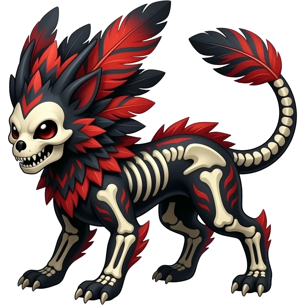 Rare black and red realistic dark edgy tropical tribal patterned feathery skeletal badass epic handsome gorgeous aesthetic colorful vibrant Vernid-Trico-species-Fakemon-creature by LiLaiRa, 4 legs, 1 tail, random markings, (full body) emoji