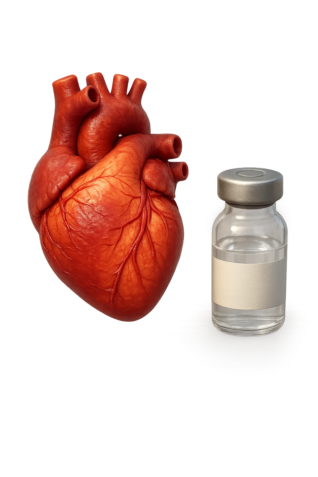 emoji stile iphone di cuore anatomico realistico in 3d che fluttua in aria insieme a una boccetta di fiala medica, FALLO MOLTO REALISTICO IN 3D emoji