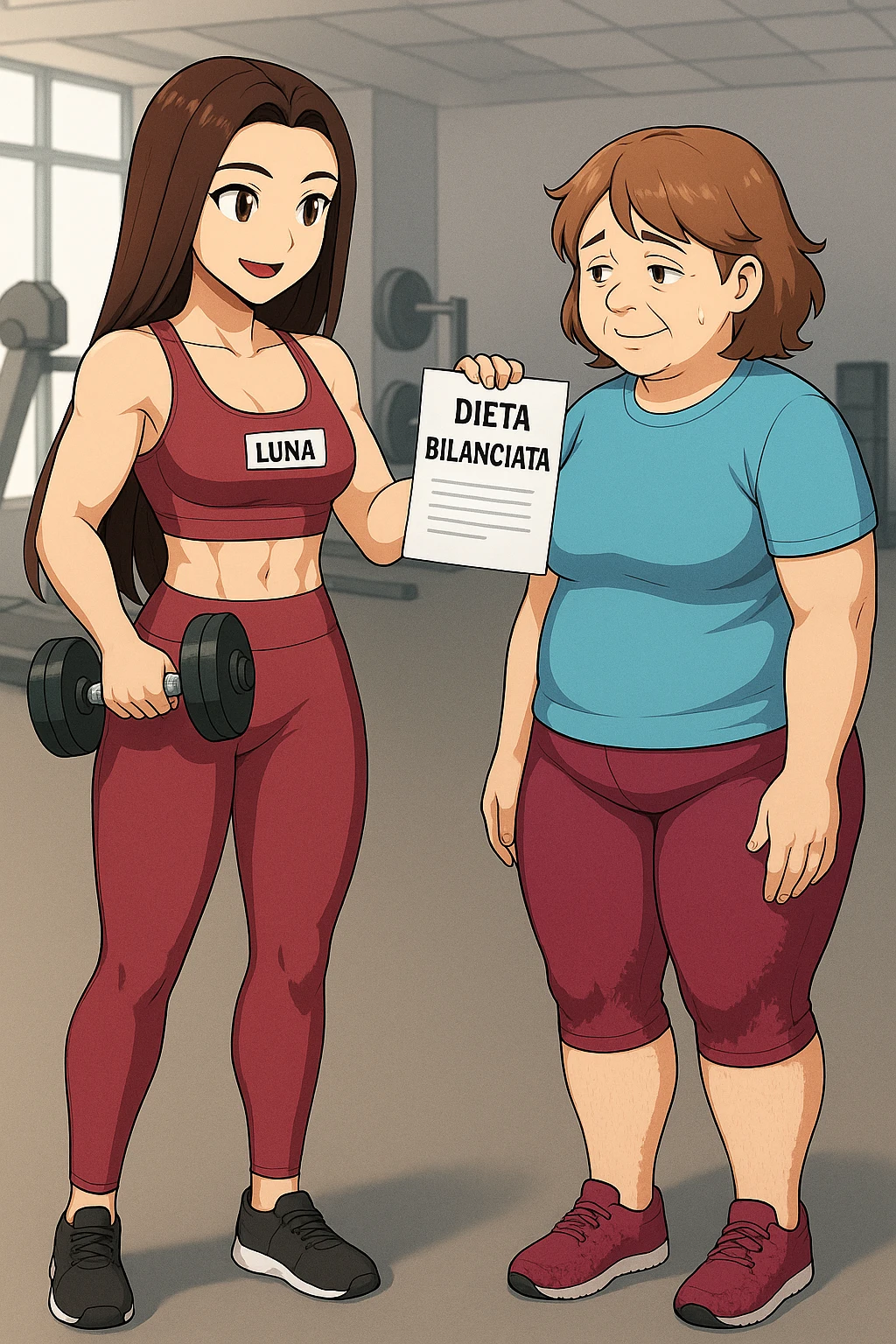 prendi spunto da queste immagini per fare: fai un webtoon/manga a colori con questa personal trainer (falle la scritta "LUNA" SU UNA TARGHETTA APPOSTA SUL TOP SPORTIVO CHE HA), che parla IN PALESTRA con una sua cliente che ha cellulite ed è leggermente in sovrappeso. LA SIGNORA è IN ABITI SPORTIVI E ascolta la trainer con attenzione. LUNA le dice le mostra un foglio con la scritta "DIETA BILANCIATA" CHE HA NELLA MANO SINISTRA E UN MANUBRIO DA PALESTRA CHE HA NELLA MANO DESTRA con espressione di INCORAGGIAMENTO. NON FARE I FUMETTI, FAI SOLO LORO COME SE DIALOGASSERO. FAI LE DUE FIGURE A FIGURA INTERA CON IL CORPO INTERAMENTE VISIBILE emoji