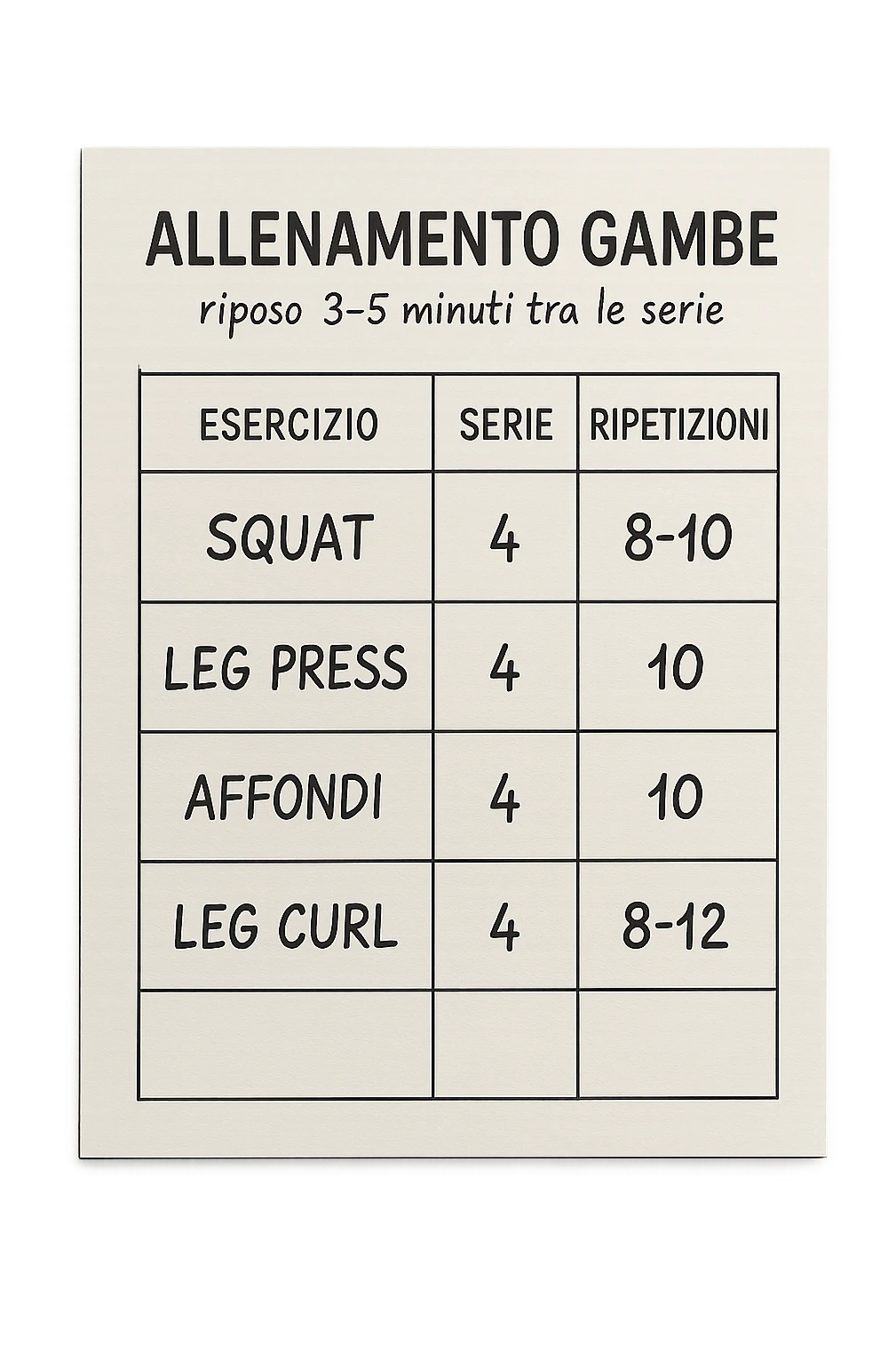 scheda di allenamento gambe in italiano che segna 3-5 minuti di recupero tra le serie, vista dall'alto, iperrealistica 4k emoji