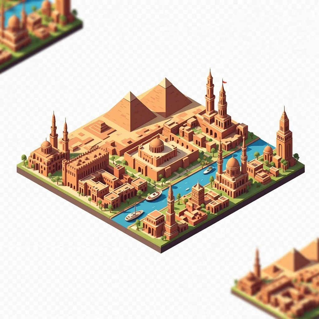 Isometric minimalistic illustration of Cairo, subtle 3D miniature effect and Tilt Shift effect, no cartoonish look, transparent background. emoji