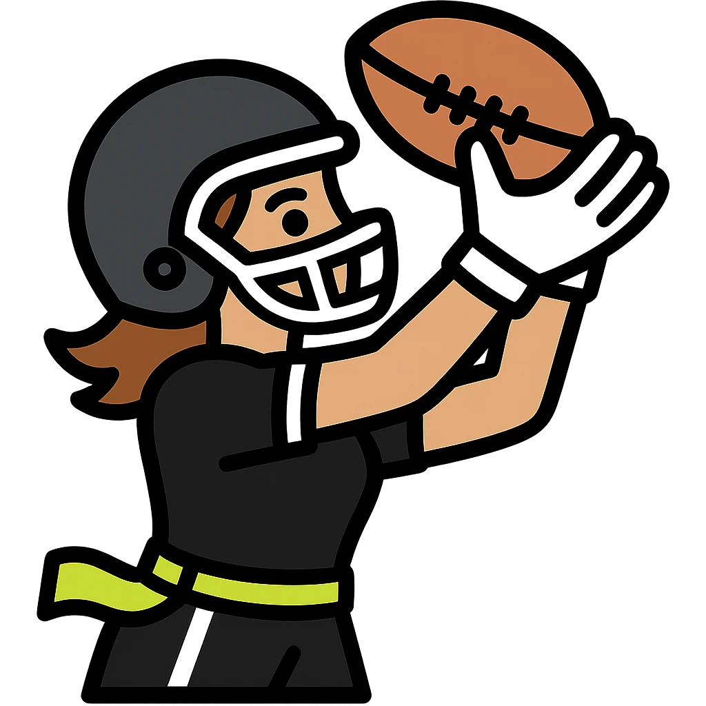 Update to show a woman catching a football, wearing a helmet, a black uniform with white accents, and a lemon lime colored flag belt around her waist. No country flags. Keep the background transparent. emoji