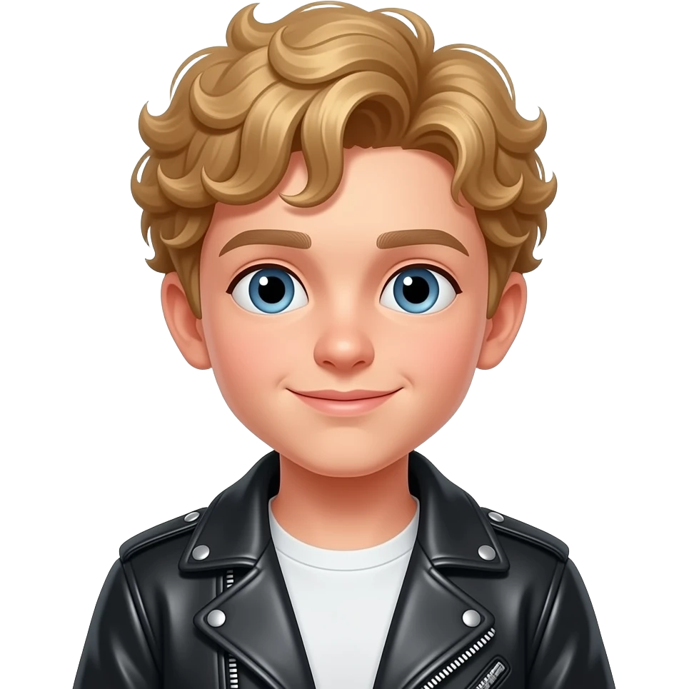 a boy with golden curly hairs wear a leather jacket emoji