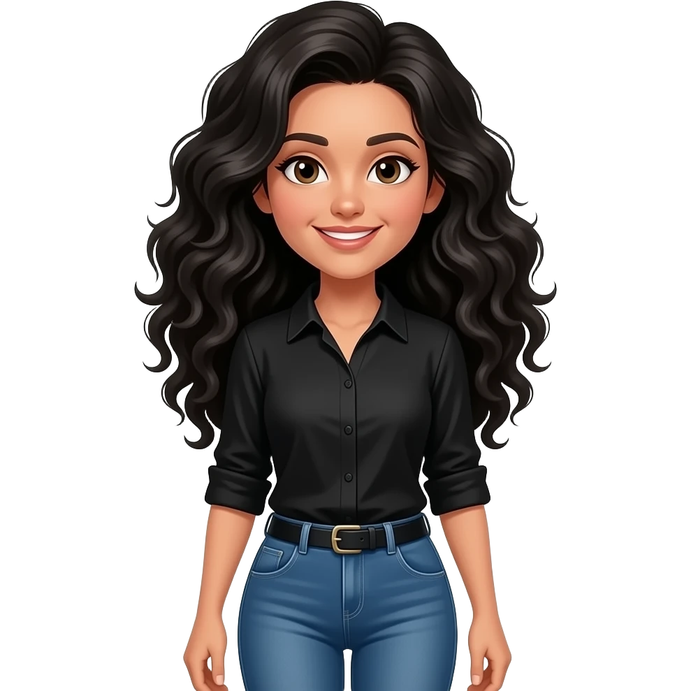 make a short slim teacher who has long black curly hair. She is very italian. Wears skinny jeans and a black shirt. emoji