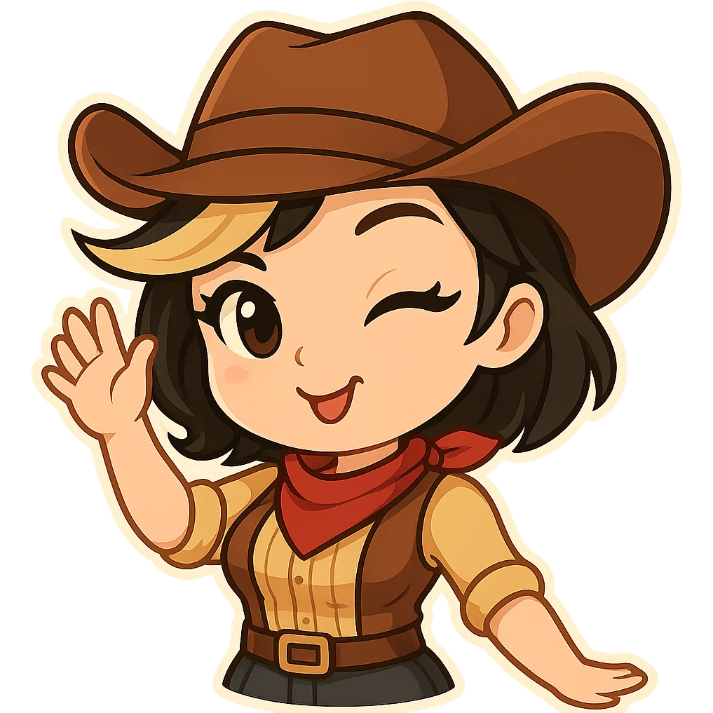 Chibi cowgirl with short hair and a blonde streak, wearing a cowboy hat and western outfit, no guns. Pose: waving with one hand, cheerful and sexy wink, more feminine curves. Chibi/anime style, transparent background, sized for Twitch or Discord use. emoji