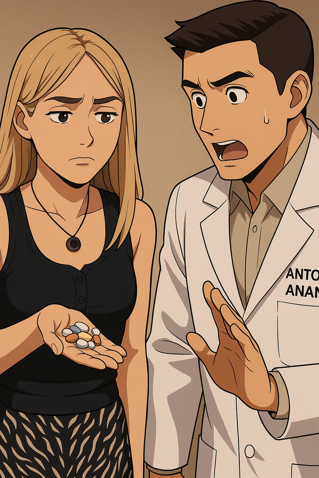 fai un webtoon/manga a colori con questo kinesiologo in camice bianco (fagli la scritta "ANTONIO ANANIA" SUL CAMICE) CHE PARLA CON QUESTA RAGAZZA. LA RAGAZZA HA UN PUGNO DI INTEGRATORI IN MANO (TANTE PILLOLE DIVERSE) E LE GUARDA DUBBIOSA. IL KINESIOLOGO CON IL CAMICE BIANCO LE DOMANDA UNA COSA SCIOCCATO. NON FARE I FUMETTI, FAI SOLO LORO COME SE DIALOGASSERO emoji