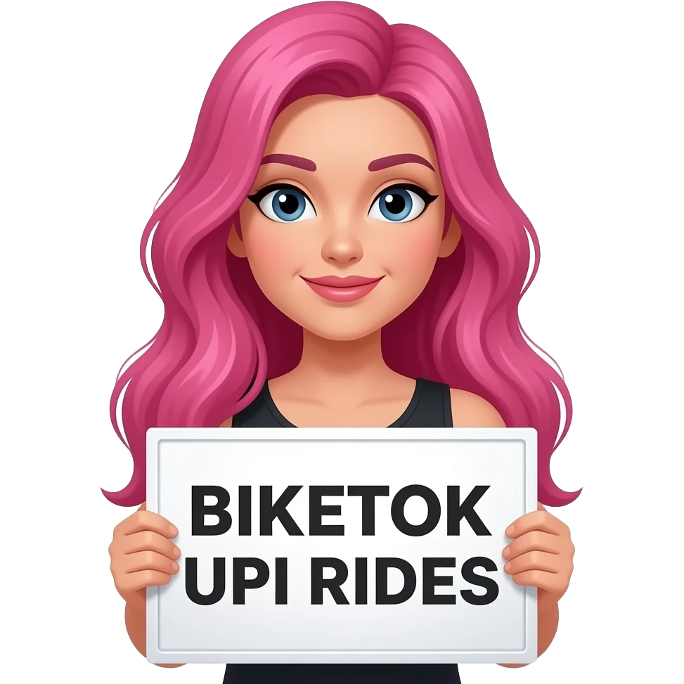 sexy girl with long pink hair holding a BIKETOK UPI RIDES sign emoji