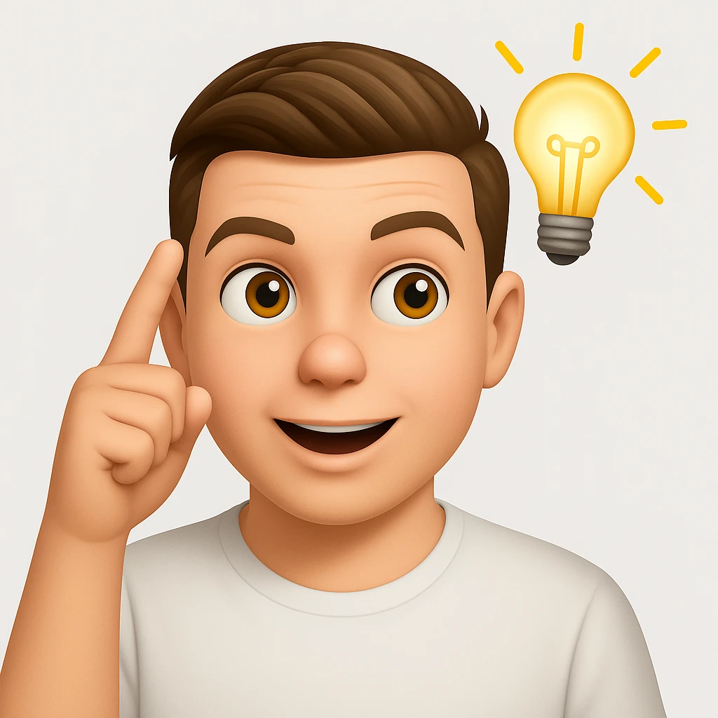 Based on these photos, make an emoji with facial features preserved, man in white t-shirt, got an idea, light bulb over head

 emoji