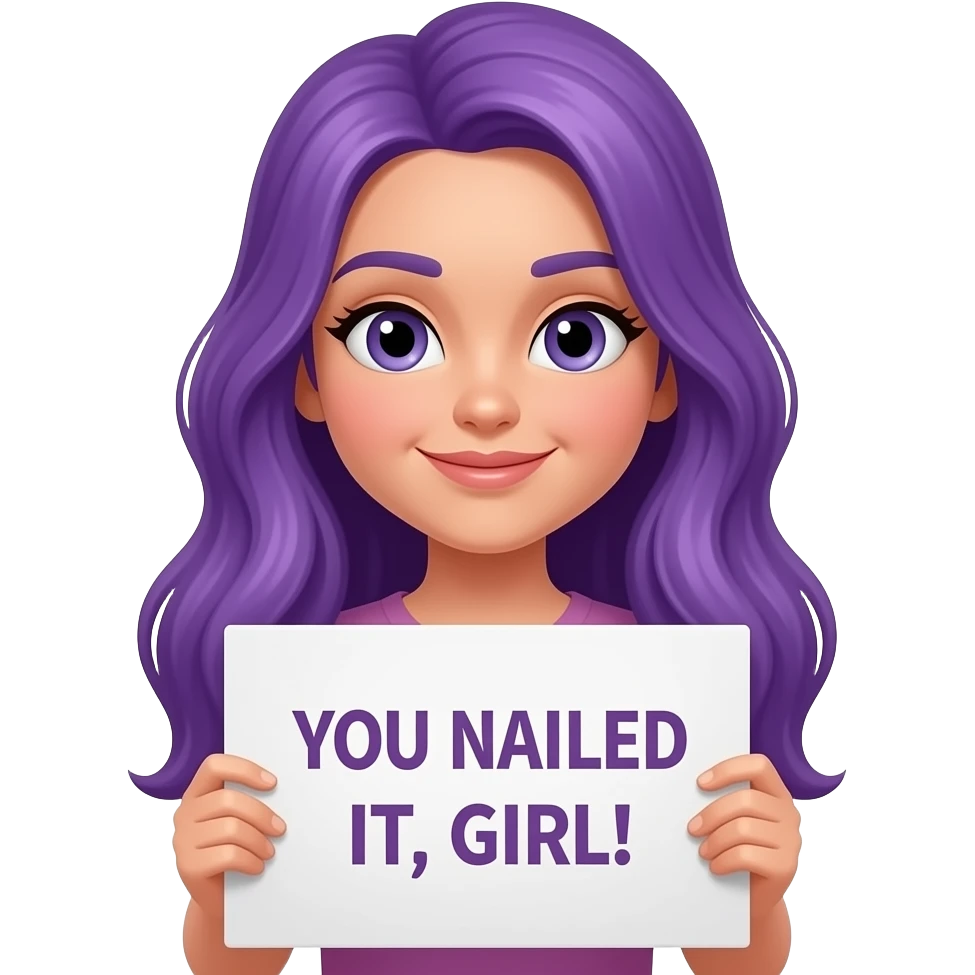 girl with long purple hair holding a YOU NAILED IT, GIRL! sign emoji