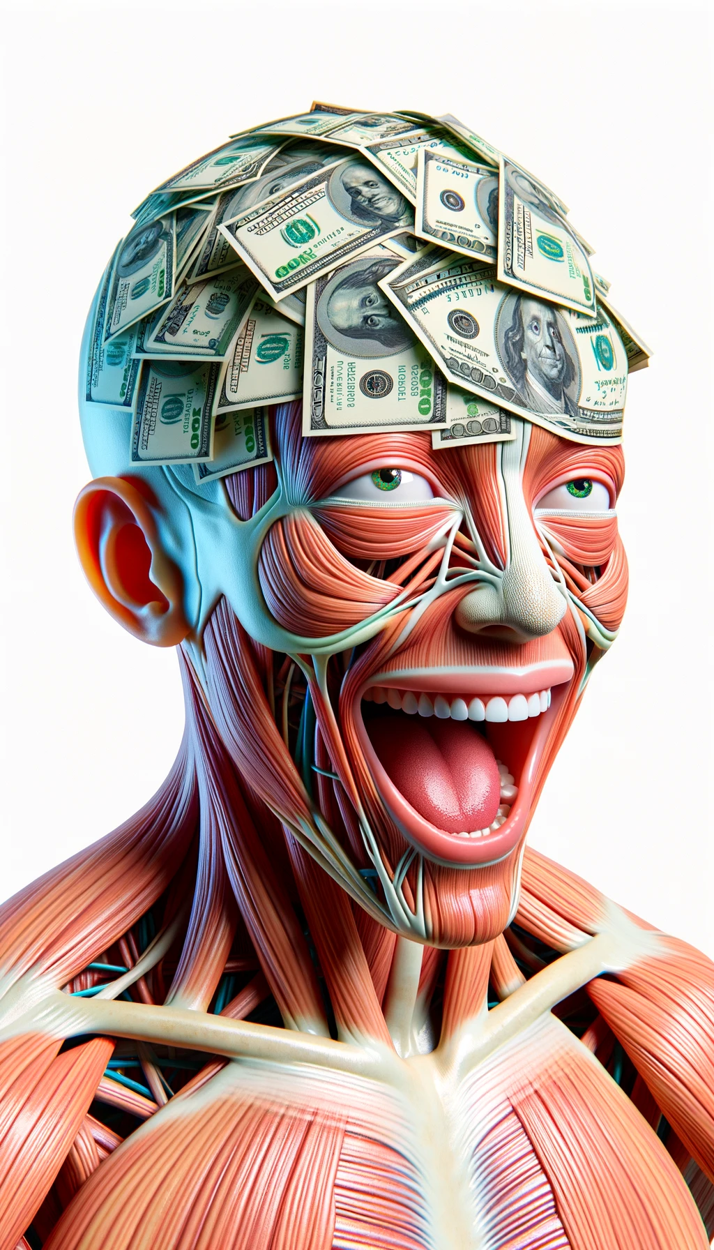 corpo umano anatomico sereno e felice con una montagna di soldi davanti al viso, espressione stupita, iperrealistica 4k, isolato su sfondo bianco emoji