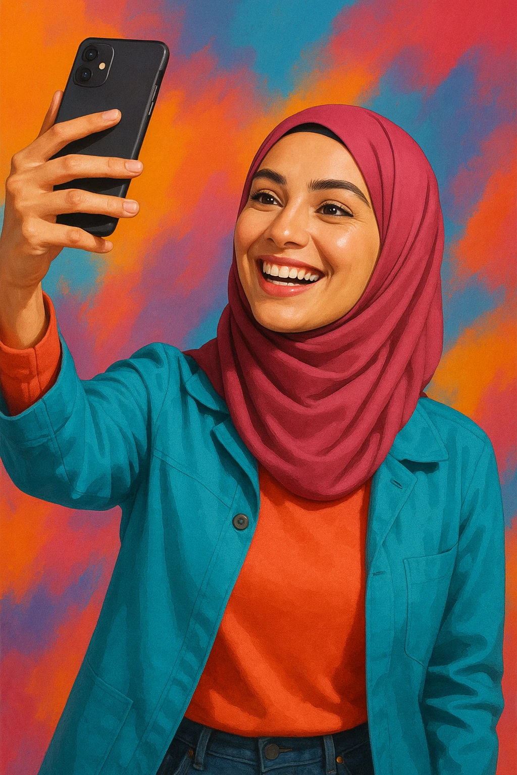 hijabi woman with phone raised, smiling, selfie pose, vibrant colors, modern style, clear facial features emoji