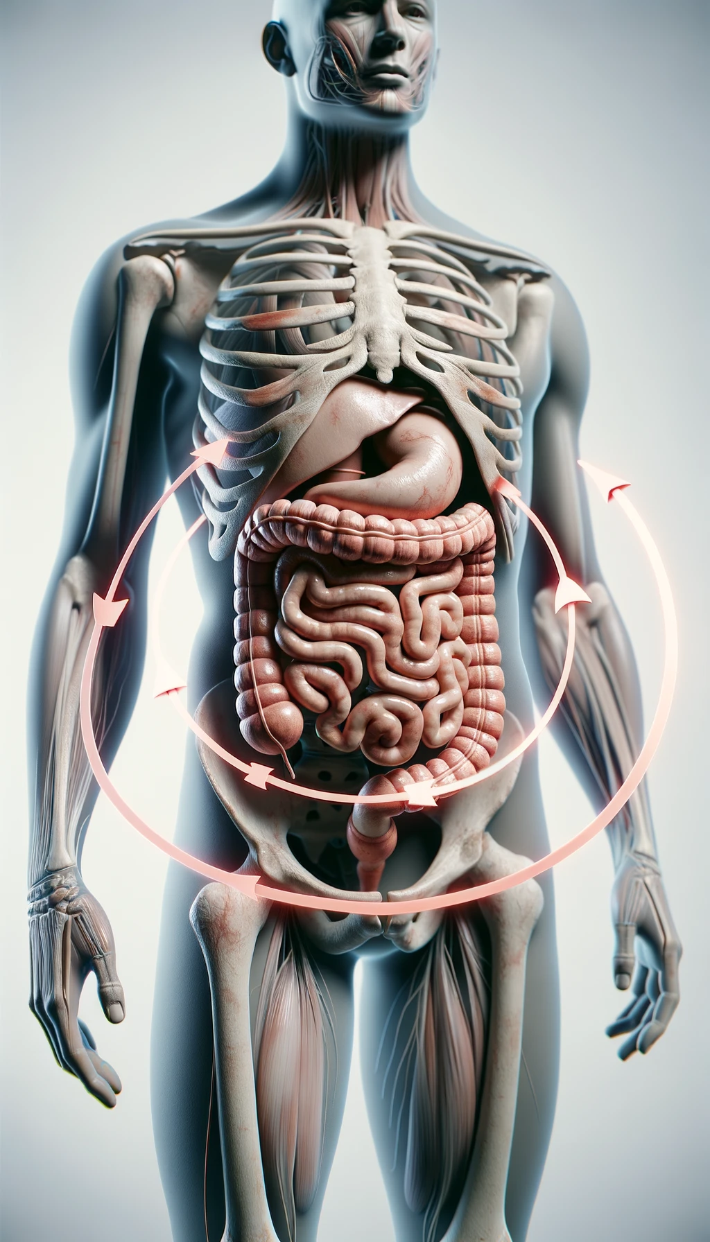 corpo umano anatomico con intestino umano anatomico con frecce 3d che gli girano intorno, sfondo chiaro, iperrealistico 4k emoji