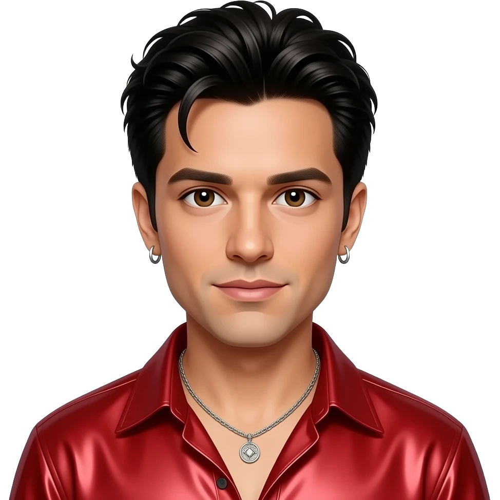 Jordan Knight from NKOTB with brown eyes, black 90s mullet hair, red metallic shirt, necklace and earrings emoji
