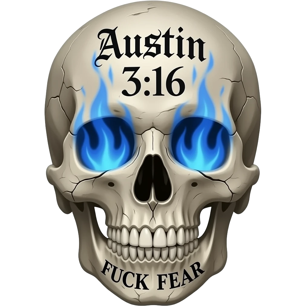 Forward facing, cracked, human skull, skull pieces missing, FUCK FEAR carved on jaw, same gothic font, slightly open, teeth slightly chipped, Austin 3:16 stacked, carved in forehead, eye & nose cavity with intense blue flames, words in a BLACK GOTHIC FONT, entire skull is aged, sun dried, weathered emoji