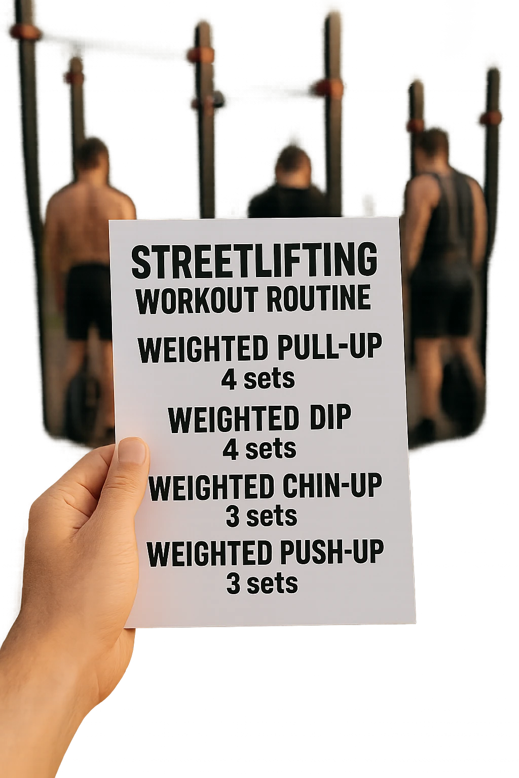 a close-up of a hand holding a printed streetlifting workout routine, with the exercises and sets written in bold text. In the background, an outdoor gym with pull-up bars, dip stations, and athletes wearing weighted belts. The lighting is natural, and the mood is motivational. emoji