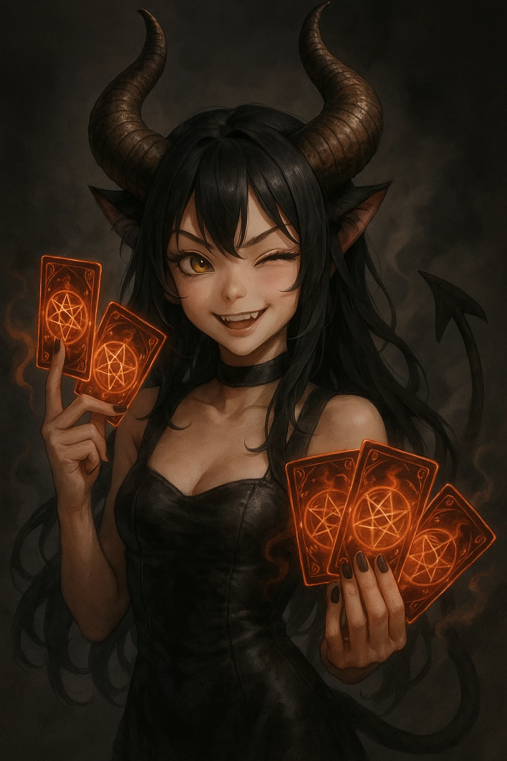 realistic anime catgirl devil as a mischievous trickster, playful expression, oversized horns, magical cards, smoky background emoji
