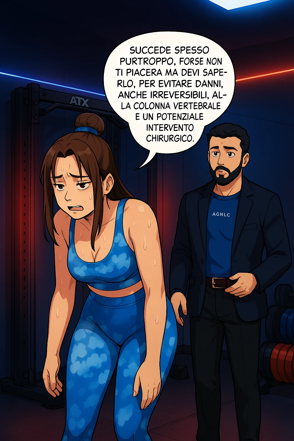 fai questa immagine in versione fumetto/manga/webtoon a colori, il manga mostra l'uomo che risponde alla donne:
Succede spesso purtroppo. 
Forse non ti piacerà ma devi saperlo, per evitare danni, anche irreversibili, alla colonna vertebrale e un potenziale intervento chirurgico. emoji