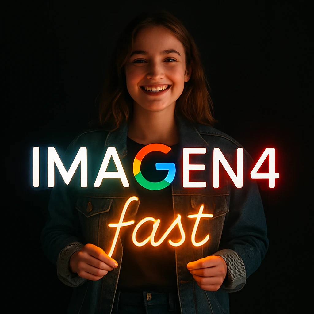 make a girl holding this sign, but sign in made of neon, also add fast below the sign emoji