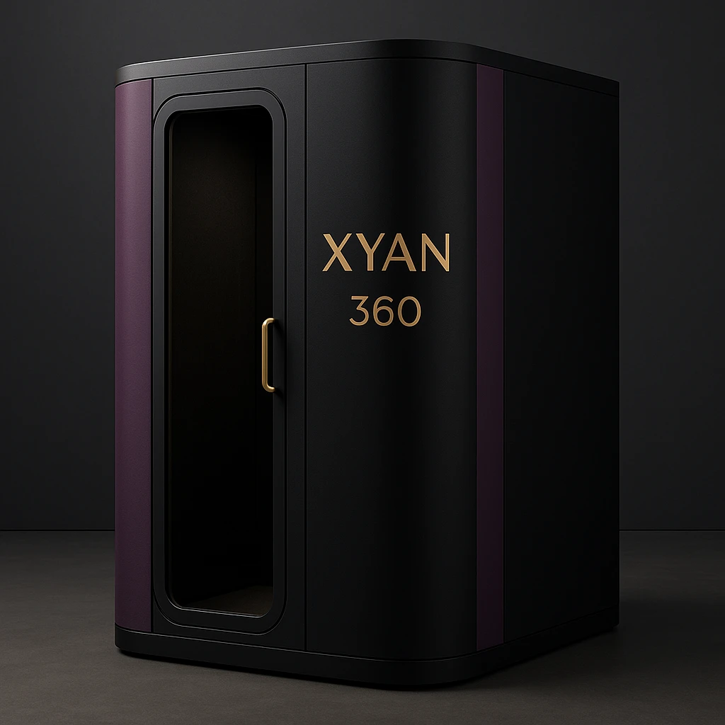 privacy enclosure booth with 'Xyan 360' signage in gold, purple and black, elegant and modern emoji
