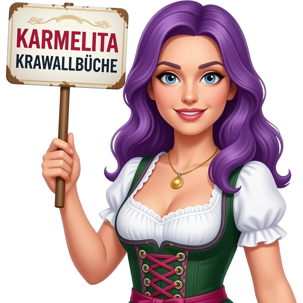 sexy girl with long purple hair wearing a dirndl holding a KARMELITA KRAWALLBÜCHSE sign emoji