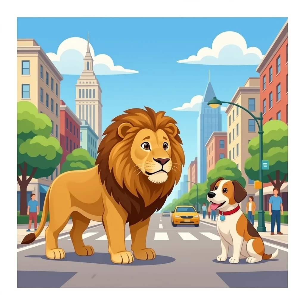 quiero un leon y un perrro que esten en un pueblo que la gente le tenga mucho mido para el final de un cuento y que digan en ingle adios espero que os haya gustado pero en ingles emoji