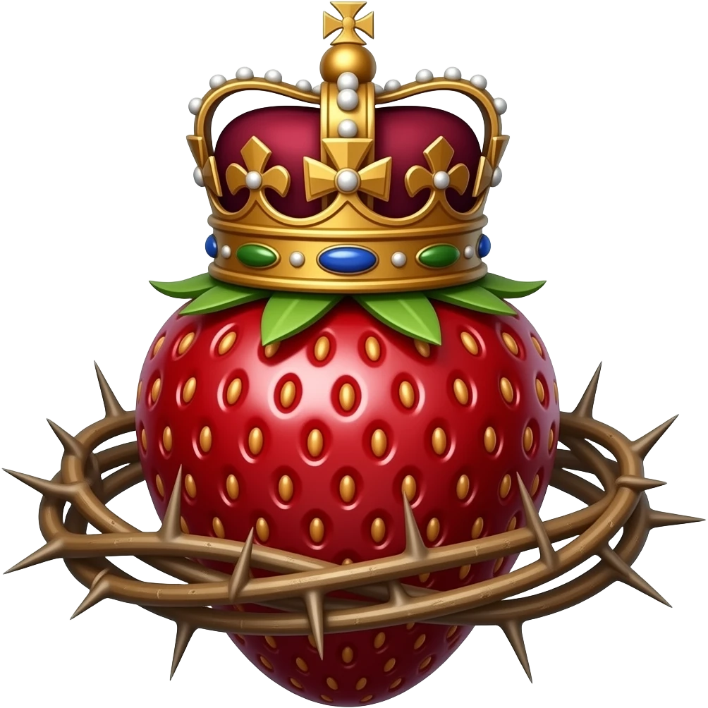 cinematic realistic -a dark strawberry with a rusty, richly decorated English royal crown on top that is flaming. An oversized crown of thorns is wrapped around the strawberry's body and is spinning around its body emoji