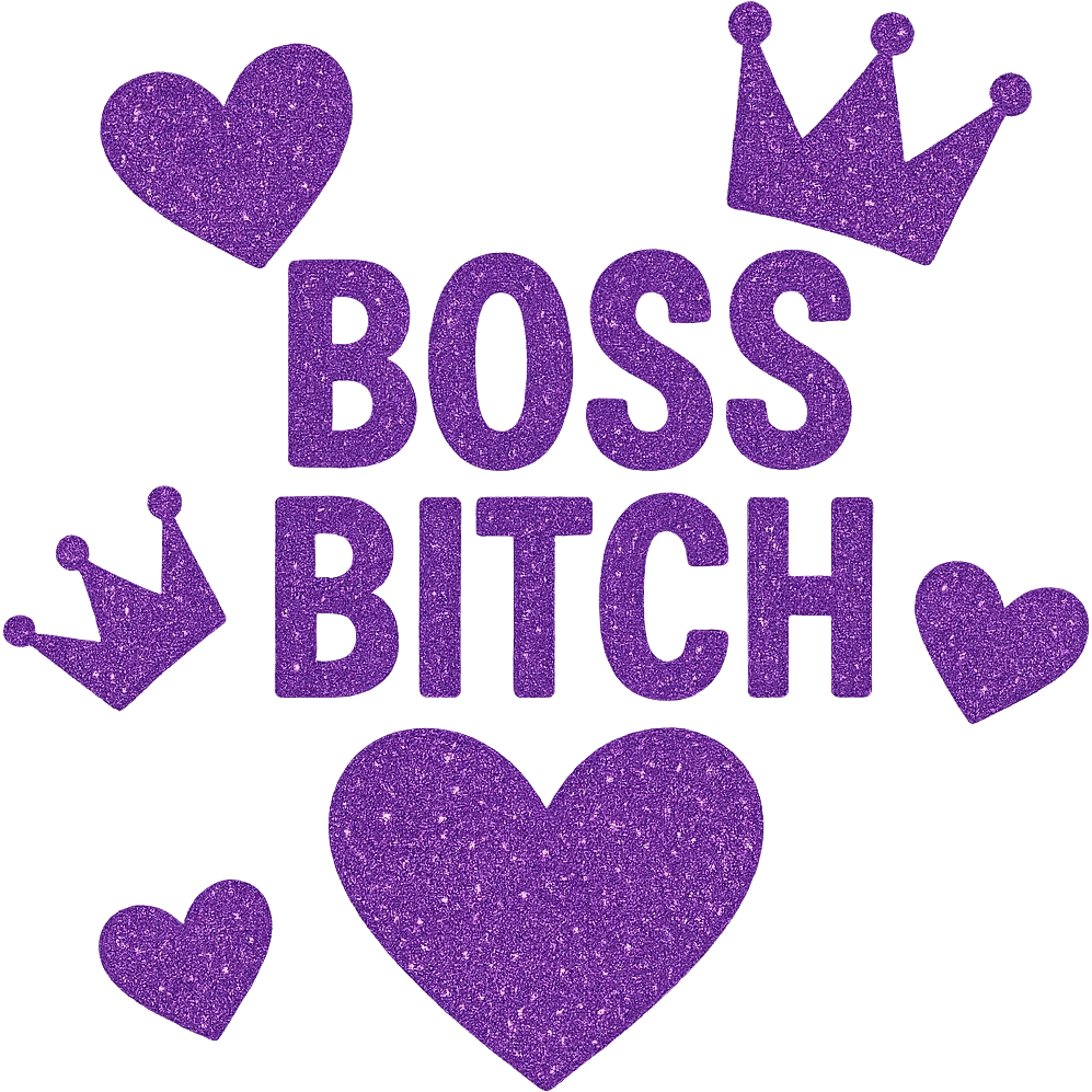 Purple Hearts and crowns with glitter and the words boss bitch heart, remove background emoji