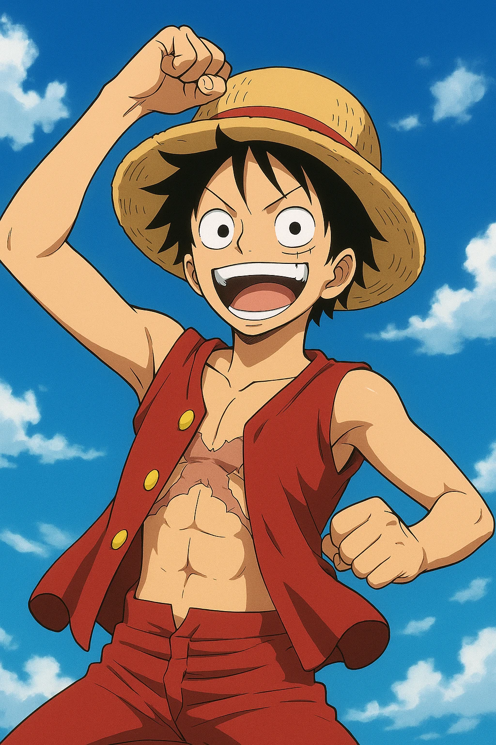 Luffy from One Piece, energetic pose, anime style, wearing his signature straw hat and red vest, smiling, with a blue sky background emoji