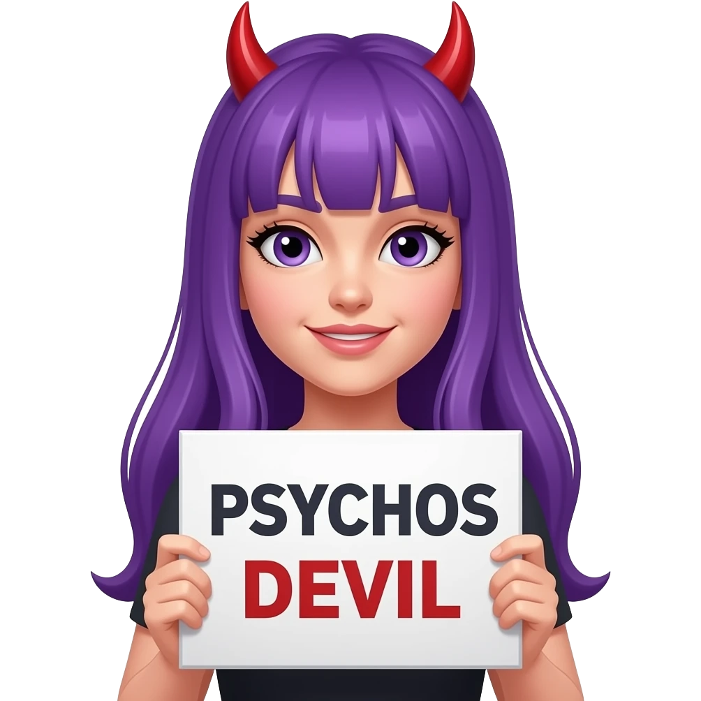 girl with long purple hair with a PSYCHOS DEVIL sign emoji