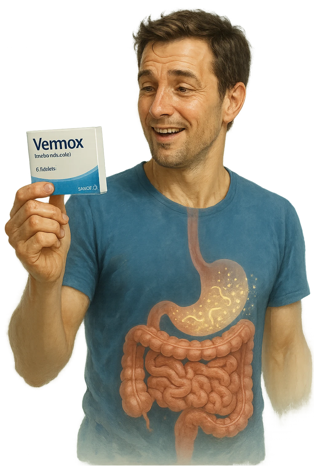 A realistic, cinematic illustration of a man in his late 30s holding a small white box of ‘Vermox’ (mebendazole) in one hand, with a relieved and hopeful expression on his face. Behind him, a semi-transparent overlay shows his digestive tract where small, symbolic worm-like parasites are dissolving and disappearing, indicating the medication’s effect. The environment is clean and bright, with a medical yet hopeful tone, conveying the concept of effective parasite removal. Subtle blue and green tones symbolize cleansing and health restoration, while the man appears energized and ready to reclaim his well-being emoji