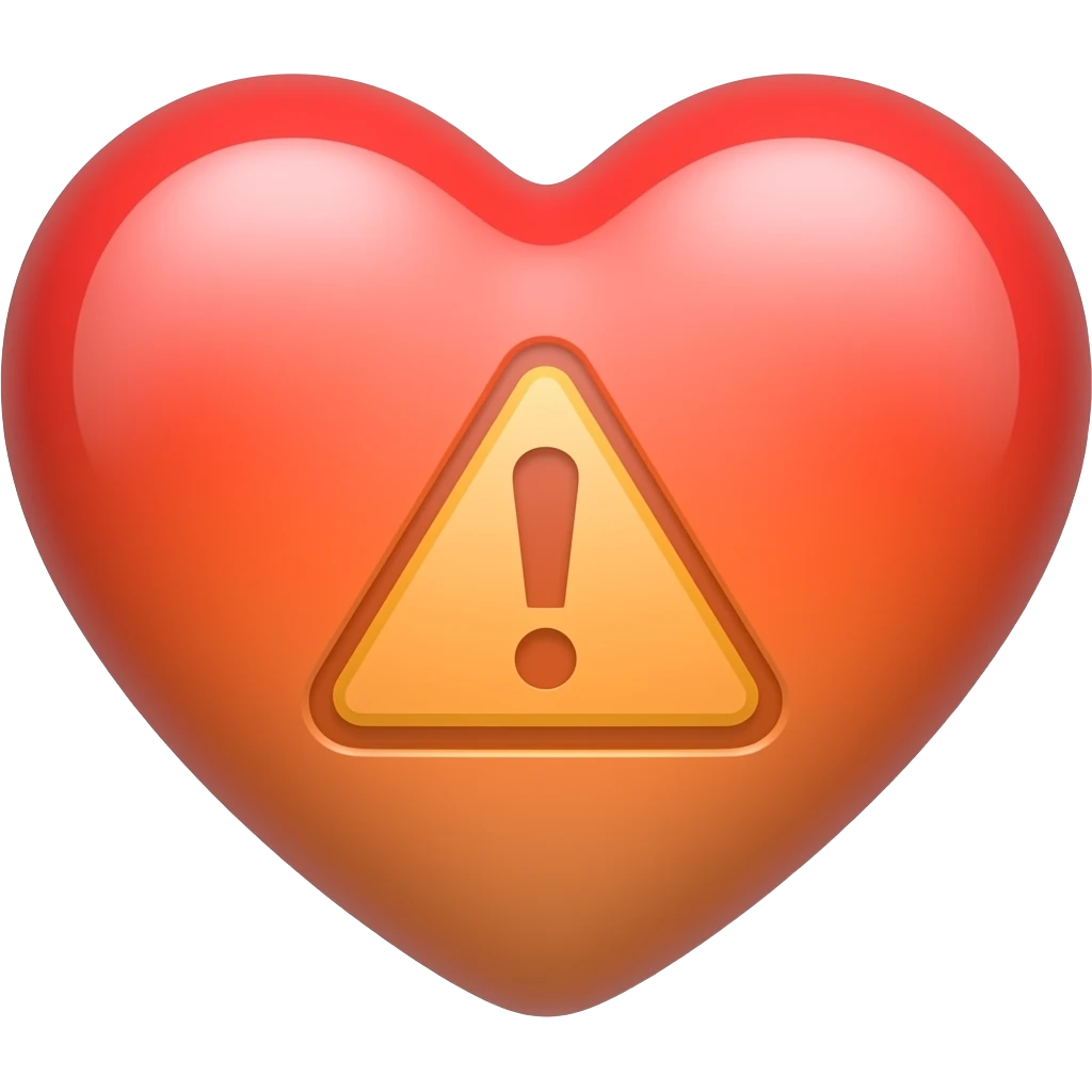 Minimalist flat design icon of a heart with a small warning symbol, clean and simple, modern style, soft gradient (red and orange), no text emoji