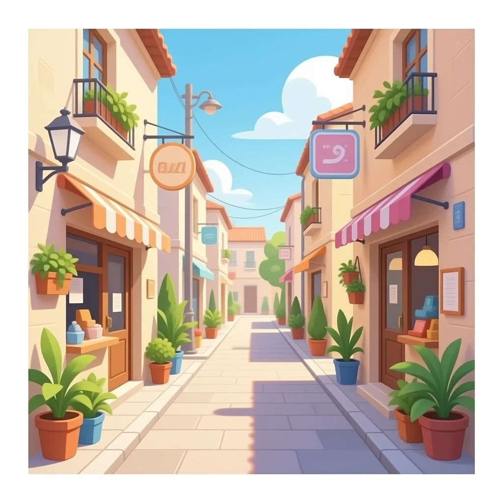 aesthetic alley emoji, narrow street with small shops, hanging sign, plants and greenery, warm sunlight, minimal clean design, pastel tones, centered composition emoji