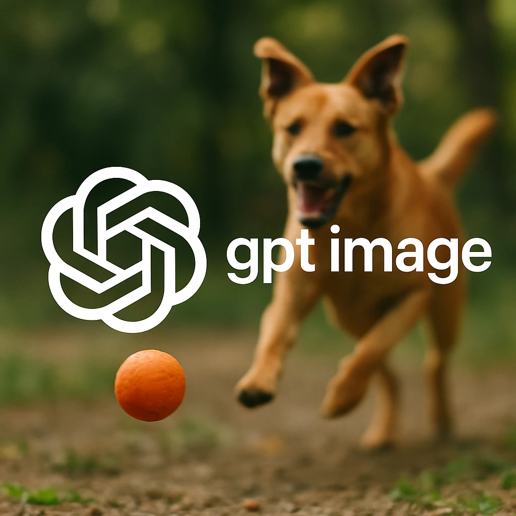  logo of chat gpt with text "gpt image" on the background of a dog chasing ball, realistic image emoji
