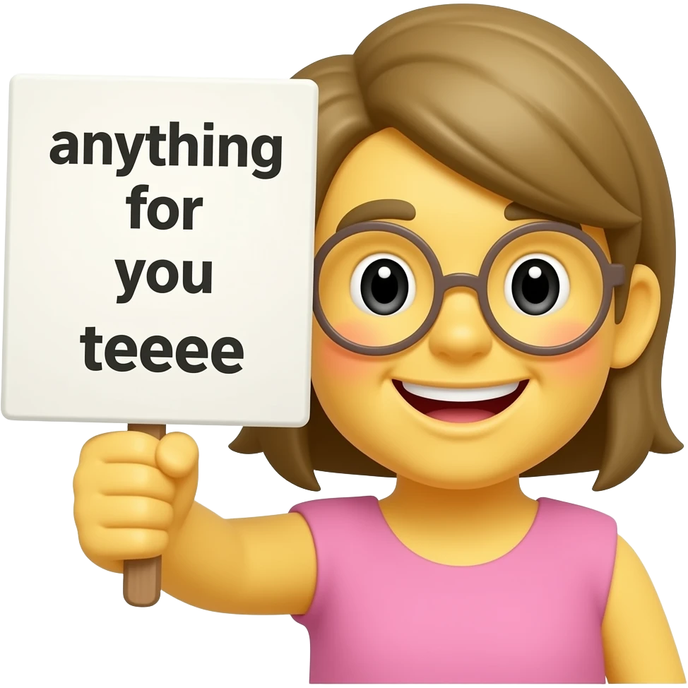 Yellow smiley blushing holding up a sign sign that says "anything for you teehee" emoji