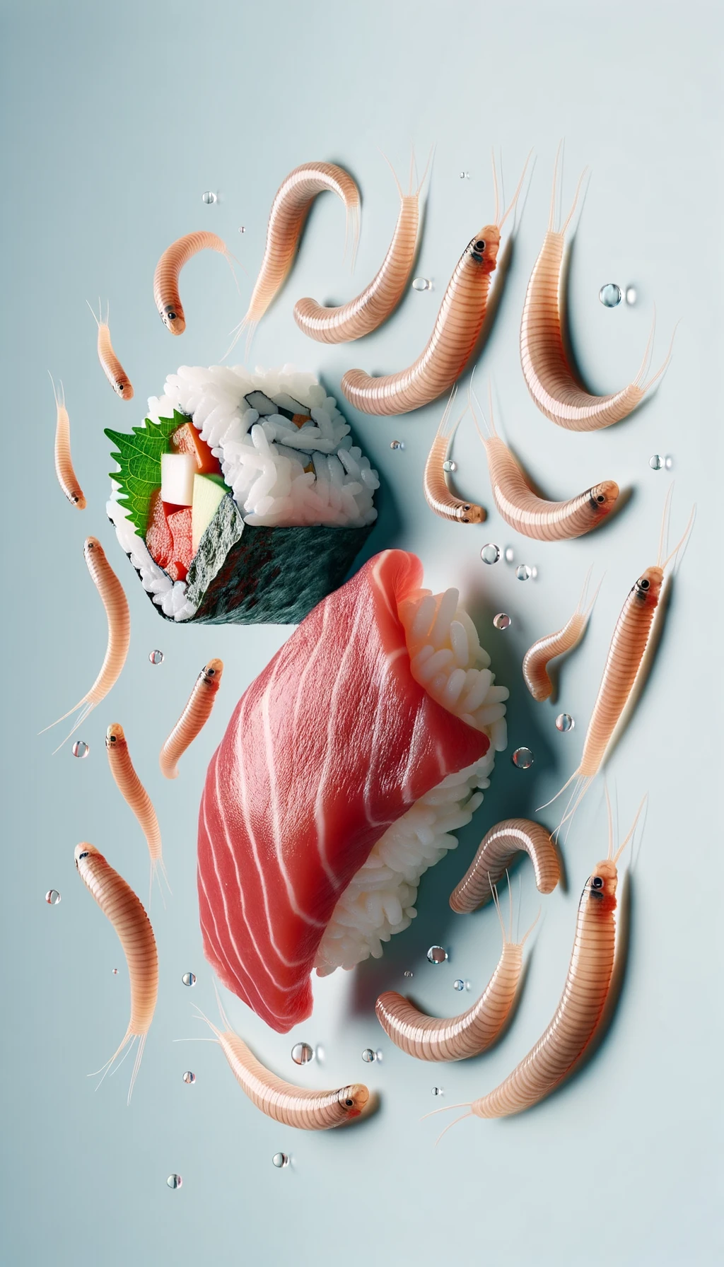 carne cruda fluttua insieme a sushi, intorno a loro fluttuano vermi lunghi e beige chiaro, sfondo neutro chiaro, iperrealistico 4k emoji